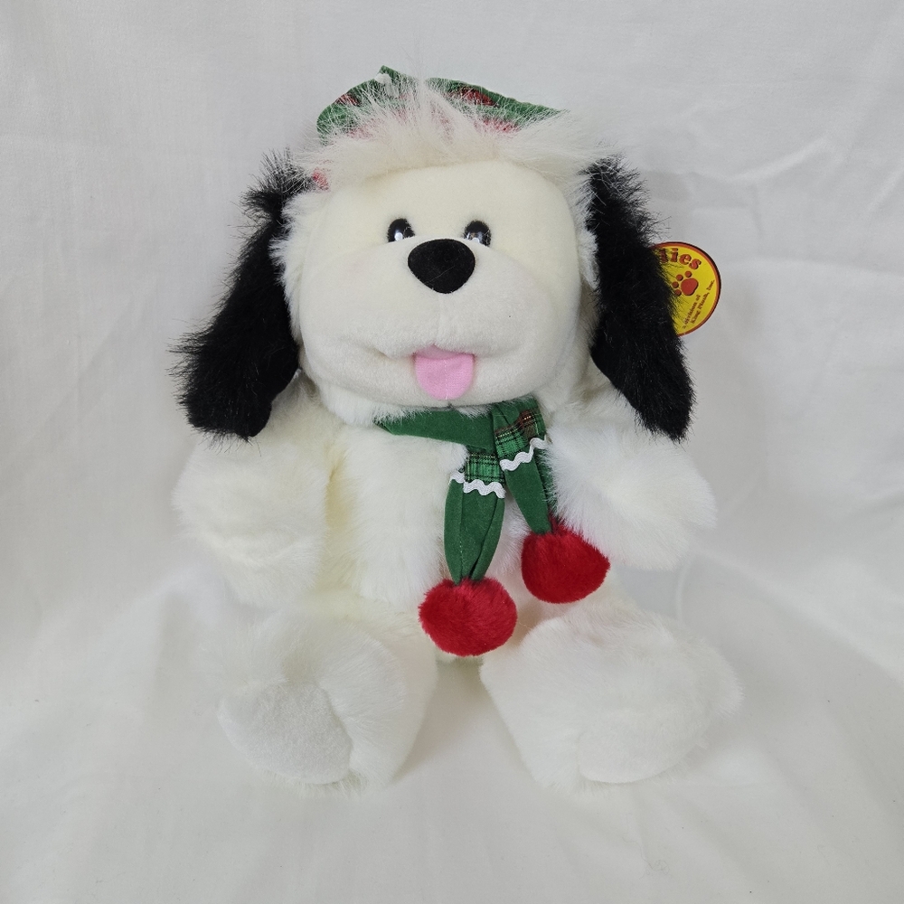 K.P. Cuddlies White Puppy Dog 14" Christmas Plush Green Hat Scarf King Plush Vtg